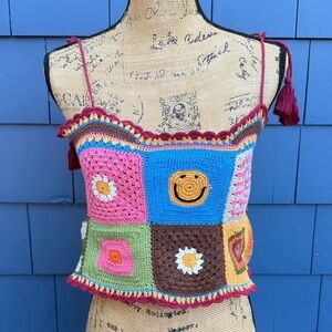 Earthbound Trading Co Vibrant Crochet Patchwork Camisole small medium granny